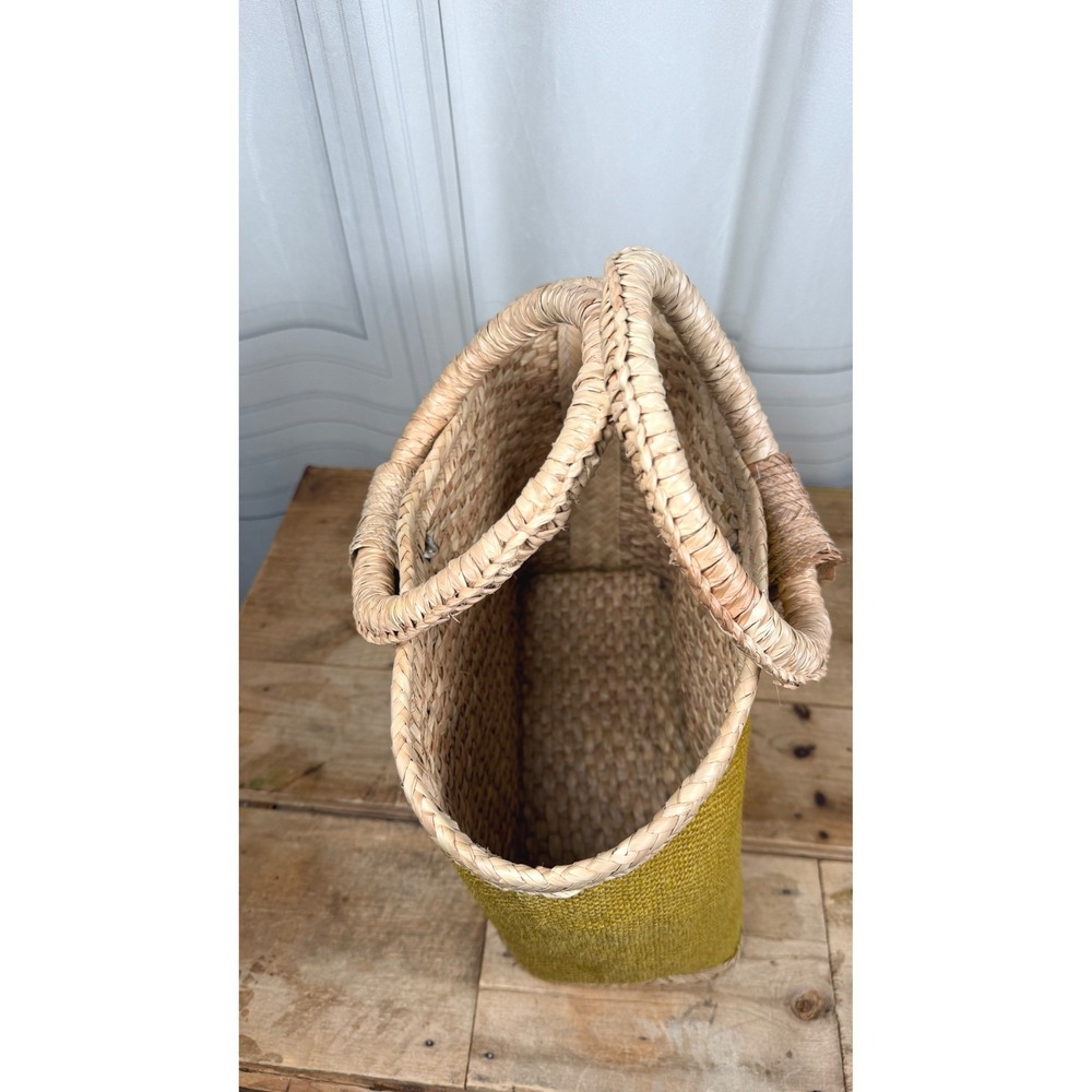 Retro Chartreuse Woven Straw & Burlap Basket Tote - Picture 10 of 15